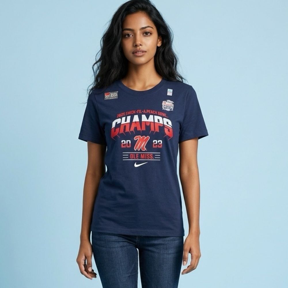 NWT NIKE Unisex Blue Short Sleeve 2023 Peach Bowl NCAA Ole Miss University- L